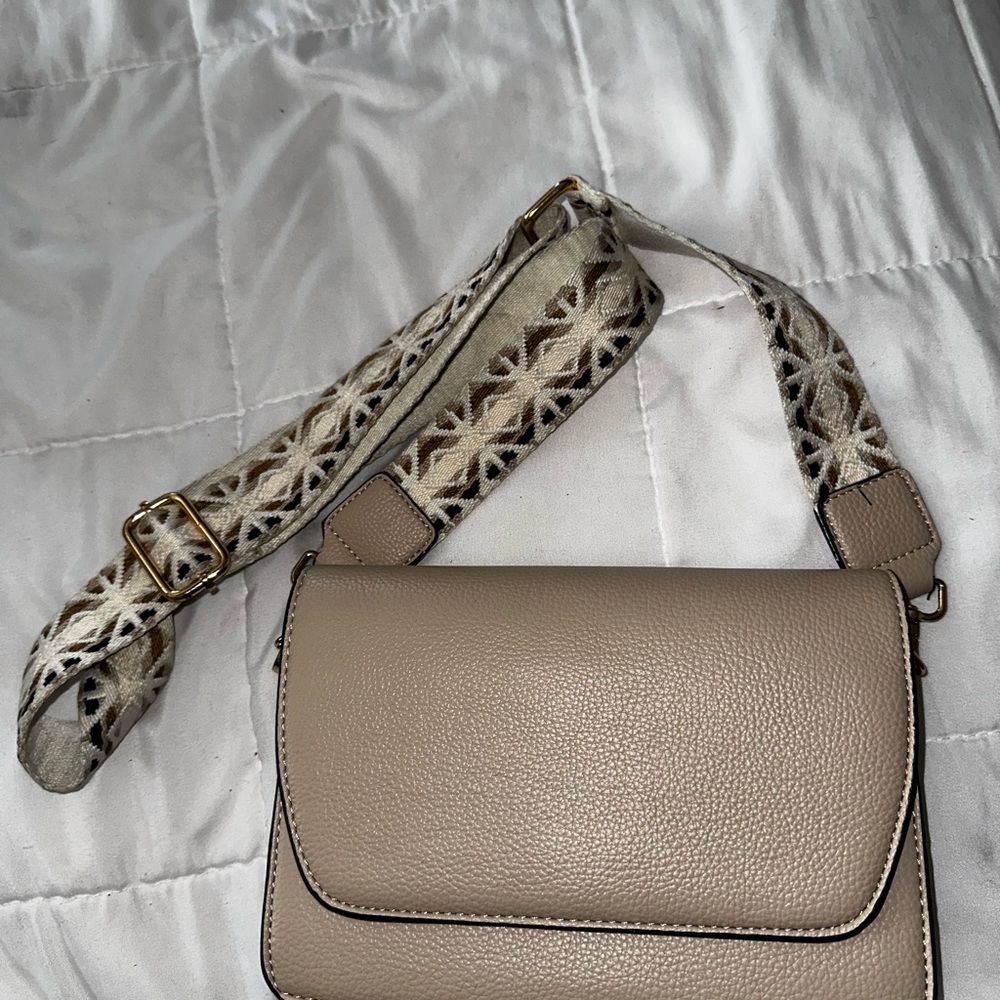 Chic Taupe Crossbody Bag with Patterned Strap